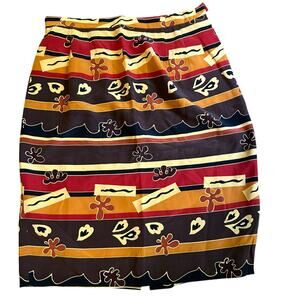 100% Silk Pleated Skirt Abstract Brown Yellow Artsy Print SZ 12 Jon by Teri Jon